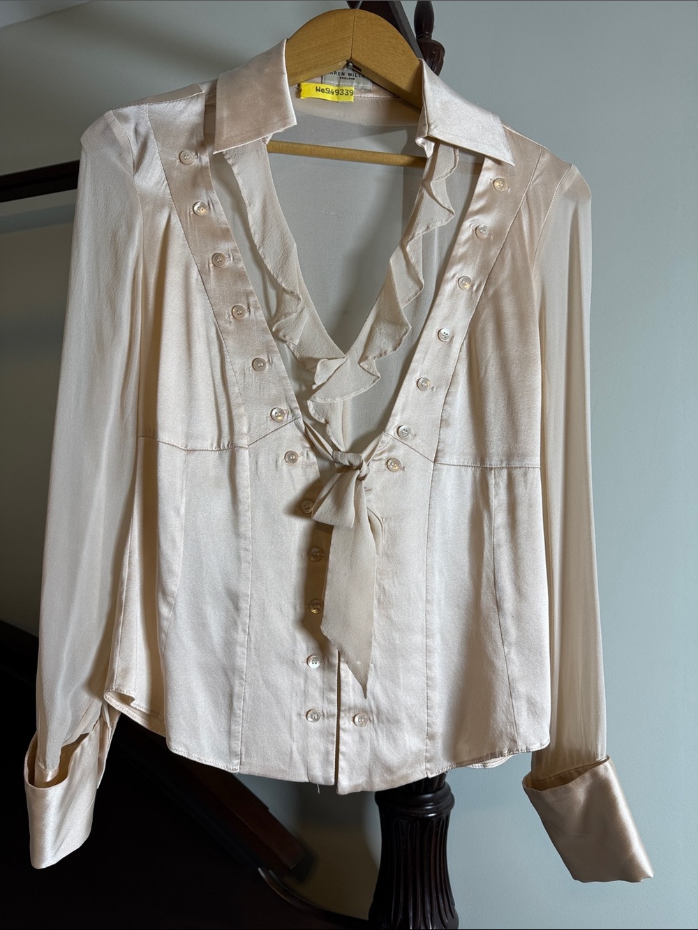 Karen Miller Silk-Blend Rose Gold champagne Ruffle Tie-Neck Button-Down Blouse